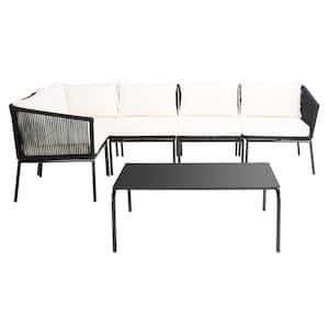 Remsin Black Wicker Outdoor Patio Sectional with Beige Cushions