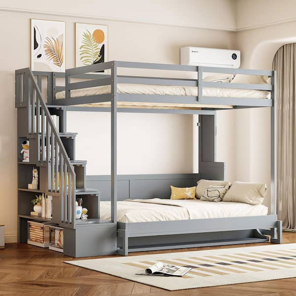 Gray Wood Frame Full Size Murphy Bed with Hydraulic Lift and Desk Design