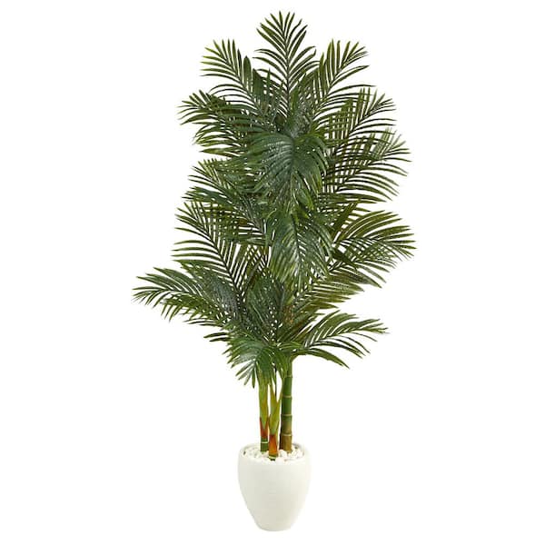 Nearly Natural 6ft. Golden Cane Artificial Palm Tree in White Planter