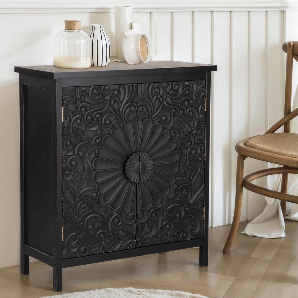 Black Carved Floral Pattern 2-Door Accent Cabinet