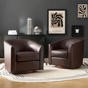 Teeny Brown Modern Geniun Leather Swivel Barrel Chair with Solid Wood Base Set of 2