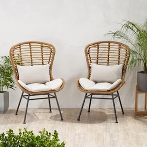 2-Piece Rattan Woven Outdoor Lounge Chair, Black Metal Frame, Mix and Match, with Cushions Beige