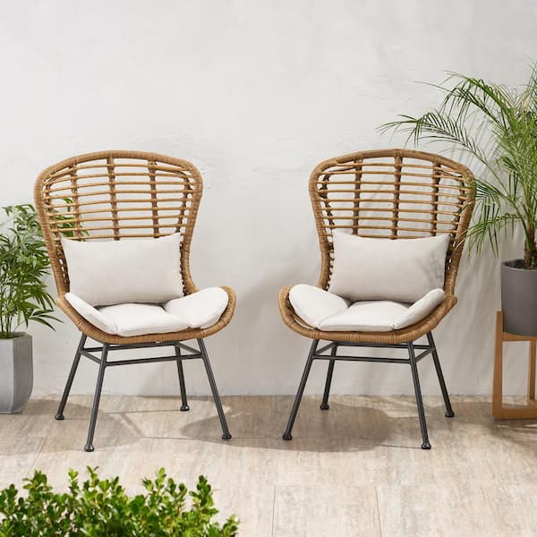 Unbranded 2-Piece Rattan Woven Outdoor Lounge Chair, Black Metal Frame, Mix and Match, with Cushions Beige