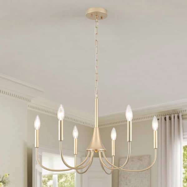 6-Light Gold Modern Hanging Linear Candlestick Chandelier Light Fixture for Kitchen Island