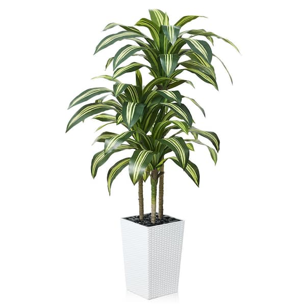DR.Planzen 5 ft. Artificial Dracaena Tree White Planter Faux Plant for Home and Office Decor Indoor/Outdoor, Yello-Green Fake Tree