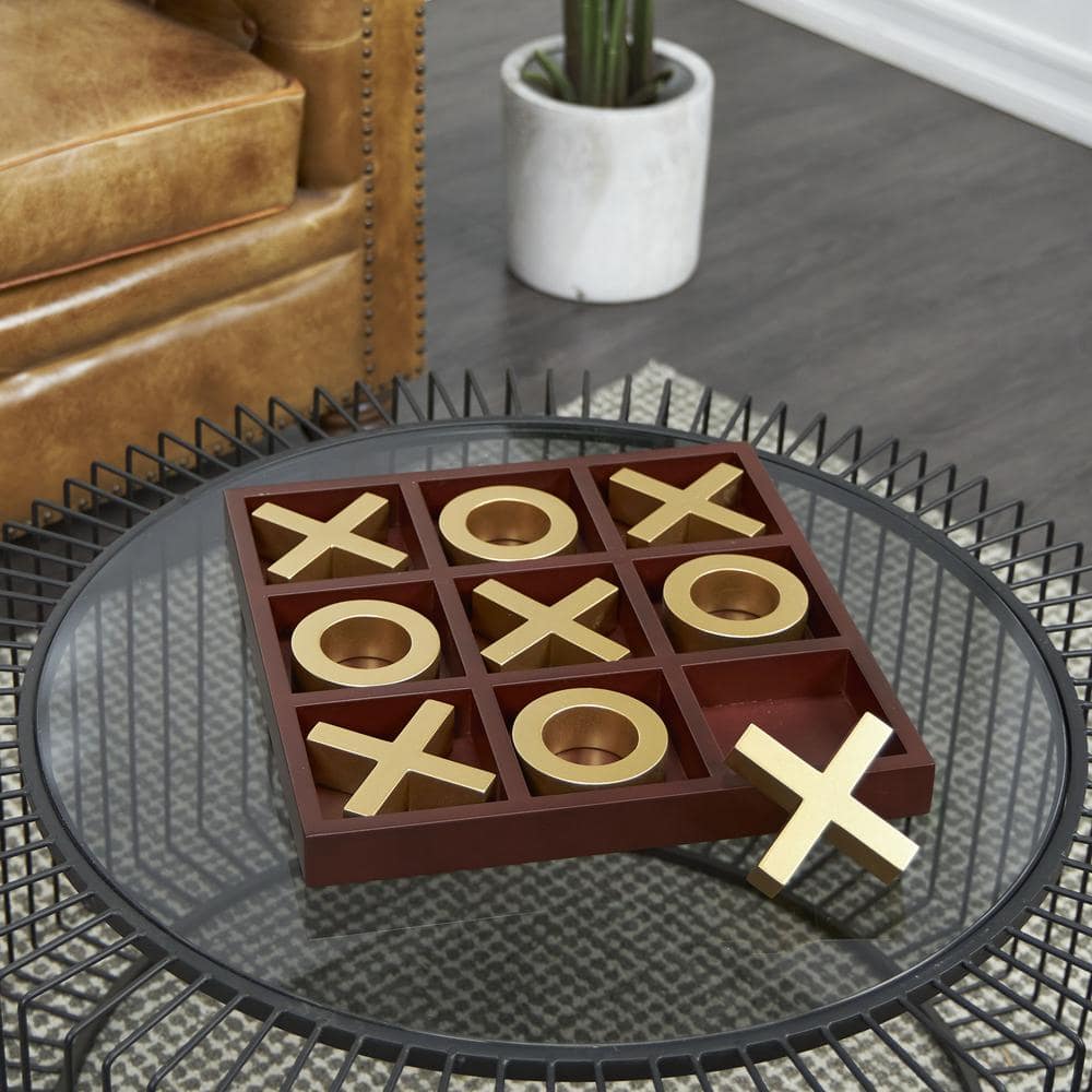 Litton Lane Brown Wooden Tic Tac Toe Game Set with Gold X and O Pieces ...