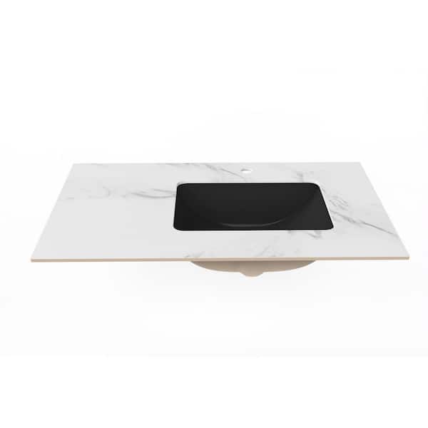 castellousa Cassandra 36 in. W x 22 in. D Porcelain Vanity Top in White Marble Finish with Single Right Black Basin