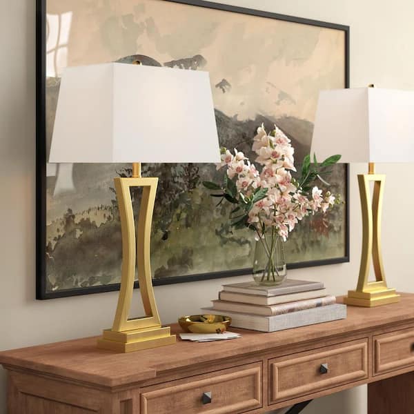 Cincinati 30.75 in. Gold Mid-Century Dimmable Metal Bedroom Living Room Bedside Desk Nightstand Table Lamps (Set of 2)