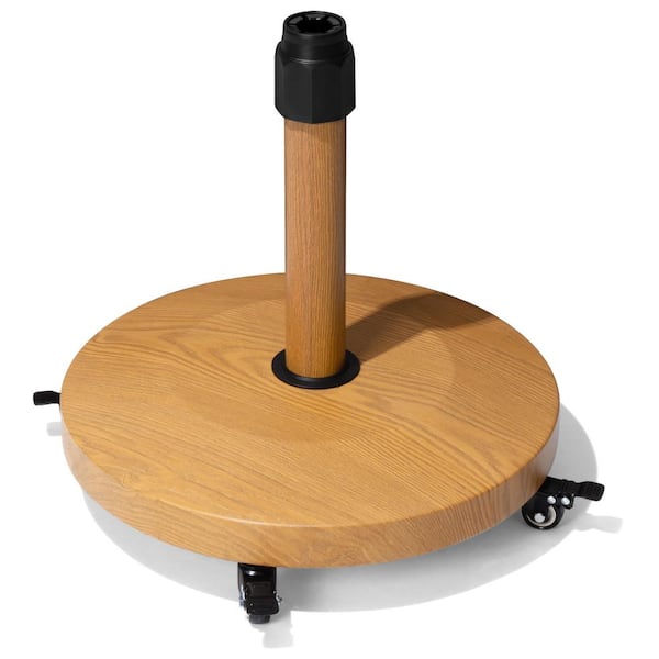 concrete patio umbrella base home depot Pellebant 45 lbs. Round Cement Concrete Patio Umbrella Base in Echo Teak with Wheels