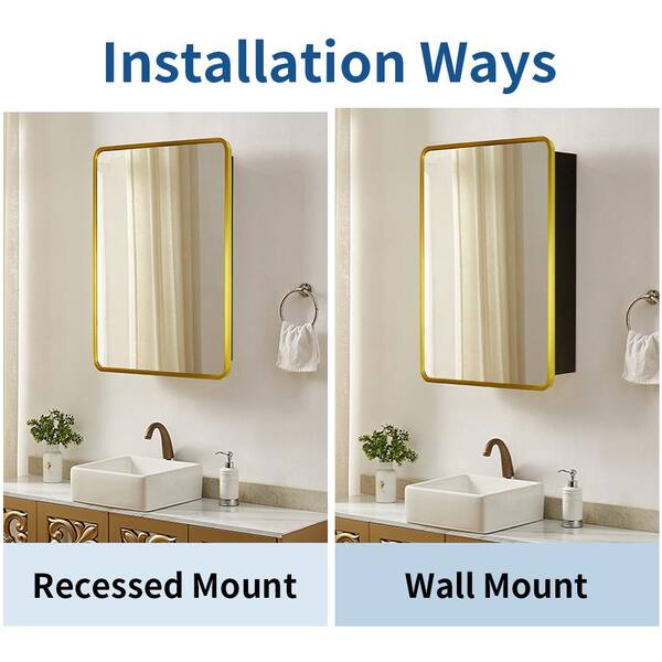 Zeus & Ruta 24 in. W x 30 in. H Rectangular Gold Framed Aluminum Medicine Cabinet with Mirror