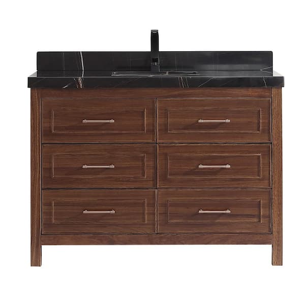 Luxury Ebony Series 48 in. 1 Freestanding Dark Brown Finish Bath Vanity with 2 in. Black Natural Marble Top Assembled