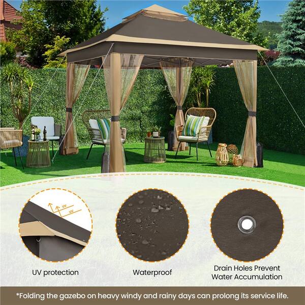 【gabugabu☆】 Yaheetech 11 ft. x 11 ft. Brown 2-Tier Pop-Up Gazebo, Metal