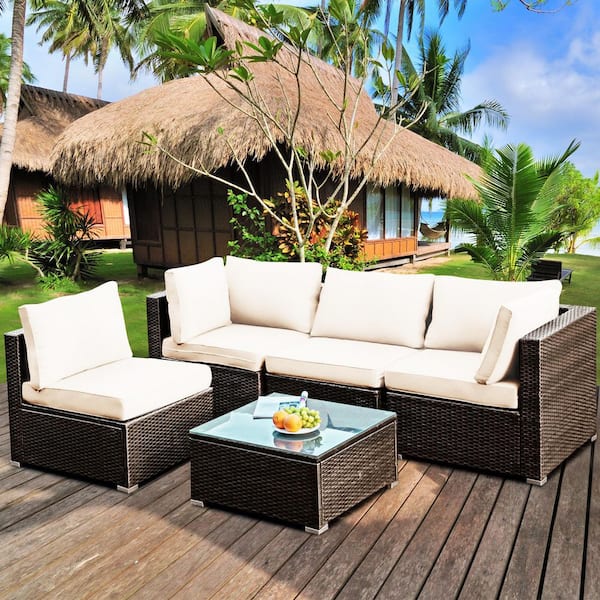 5-Piece Wicker Outdoor Sectional Set with White Cushions