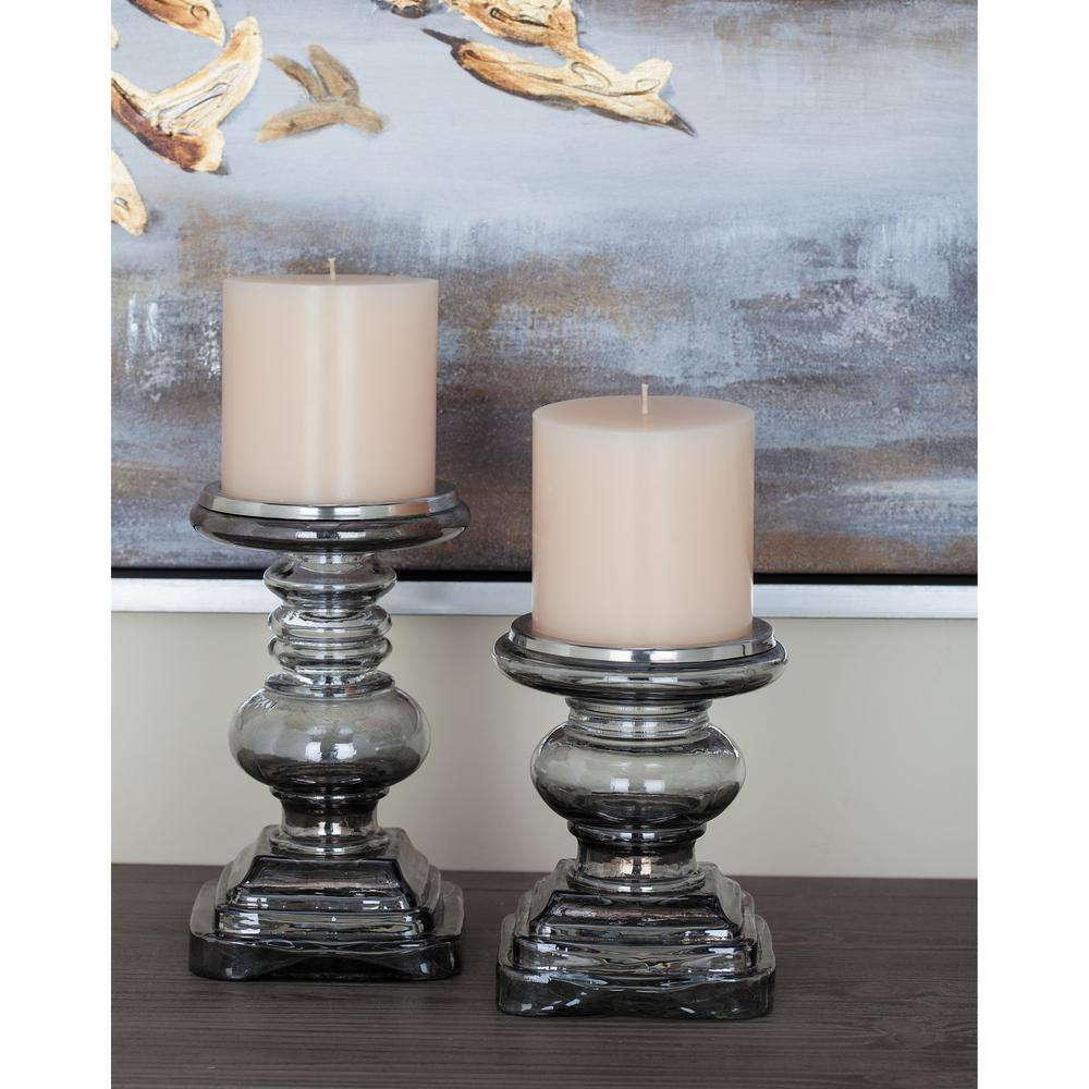 Translucent Silver Glass Pillar Candle Holder Set with Pedestal Base