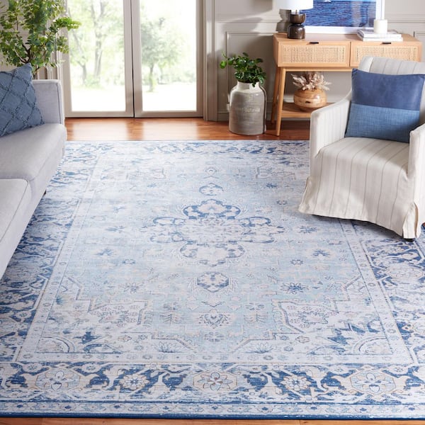 Tucson 10 ft. x 14 ft. Light Blue/Navy Abstract Ornate Medallion Washable Area Rug