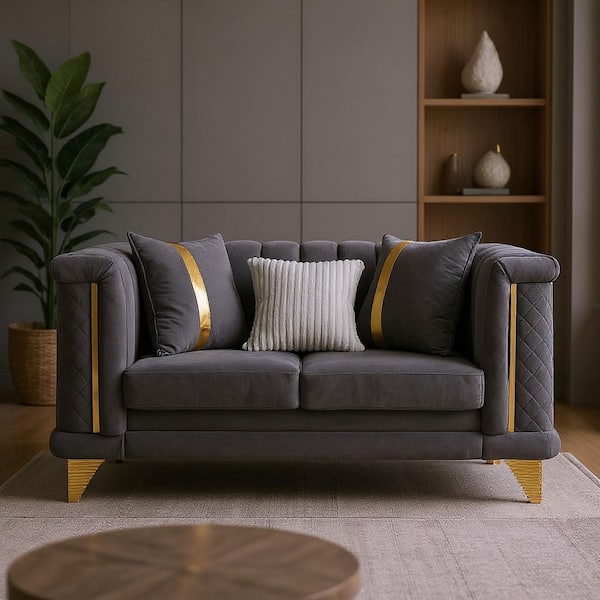OBMOC 69 in. Rolled Arm Velvet Rectangle Sofa with Plush Cushions and Gold Stainless Steel Legs in Slate Grey