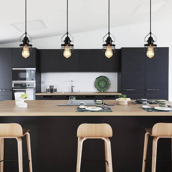 Vintage 60-Watt 1-Light Matte Black Round Cage Pendant Light with Metal Shade(No Bulbs)