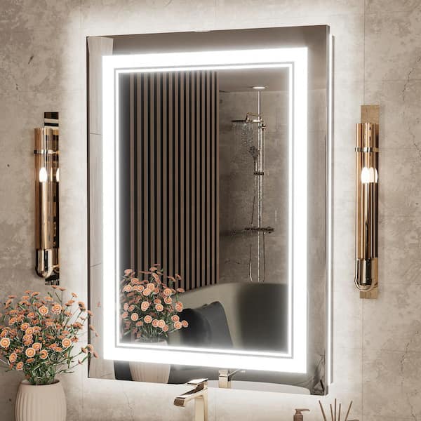 KeonJinn 20 in. W x 28 in. H Rectangular Frameless LED Light Anti-Fog Wall Bathroom Vanity Mirror with Frontlit and Backlit