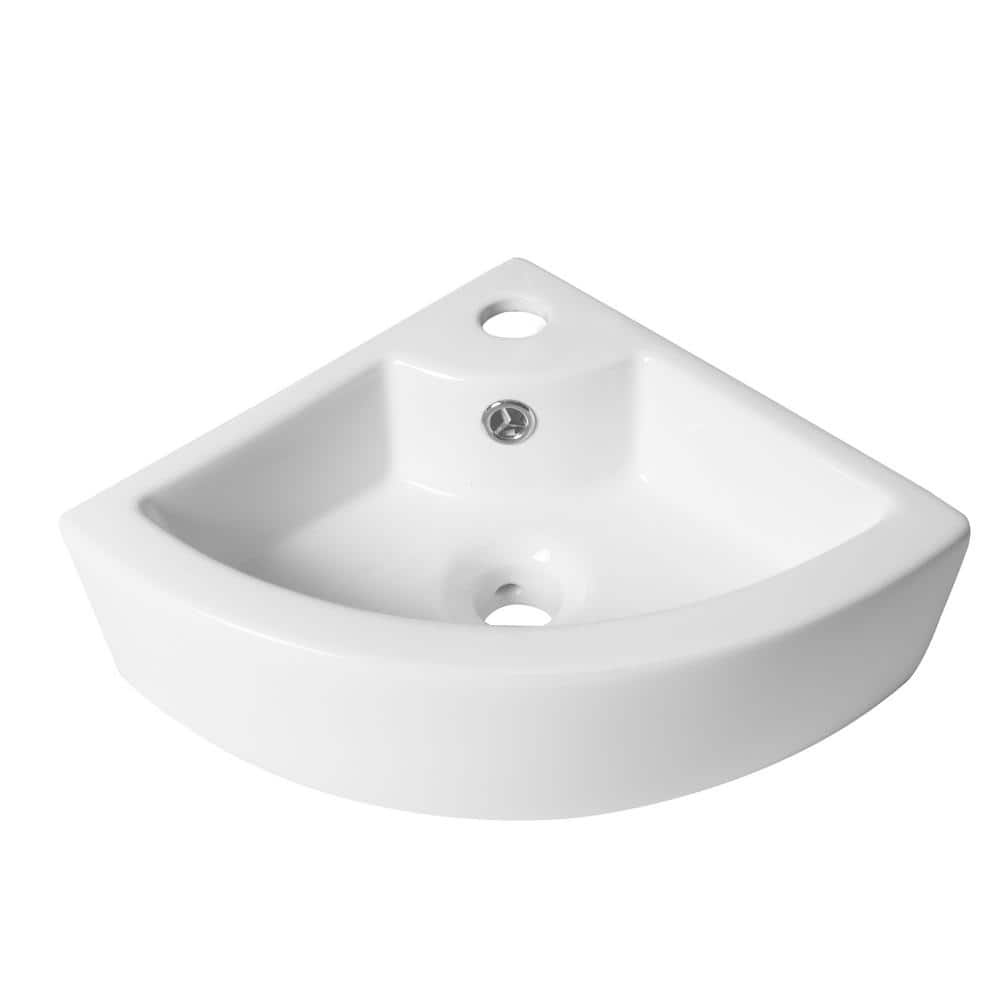 White Ceramic Wall-Mount Corner Bathroom Sink with Faucet Hole