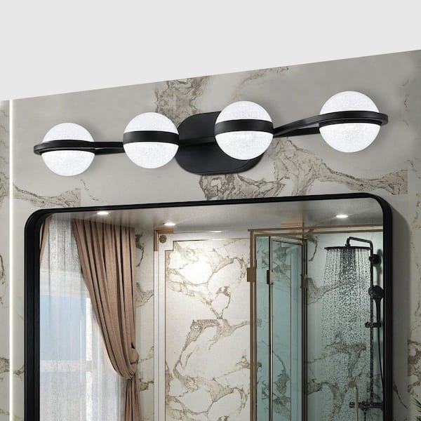 Byteany 30 in. 4-Light Black LED Vanity Light with Crystal Sand Acrylic Shades