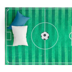 Soccer Field Modern Kids Green 5 ft. x 7 ft. Machine Washable Flat-Weave Area Rug