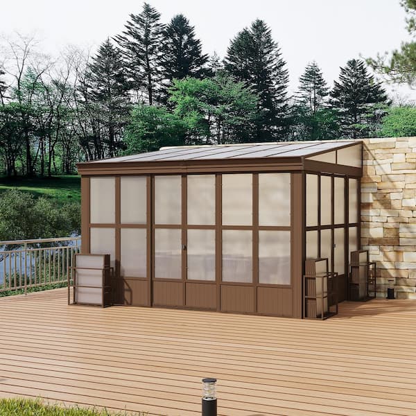 10 ft. x 12 ft. Brown Outdoor Aluminum Frame Polycarbonate Roof Wall Mounted Solarium