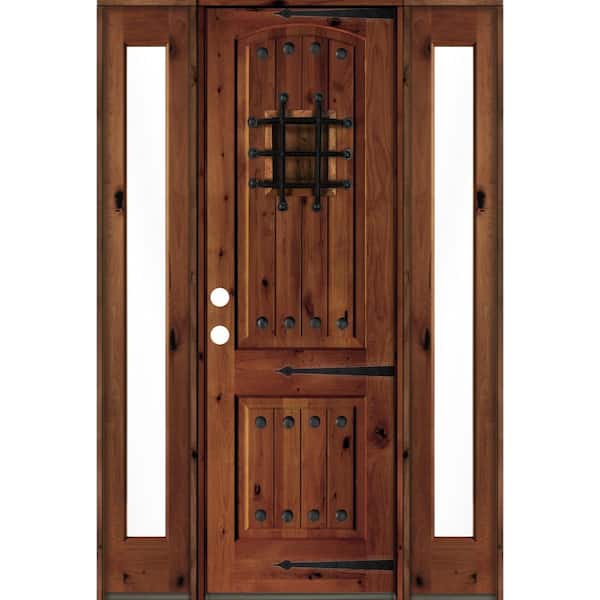 Krosswood Doors 64 in. x 96 in. Mediterranean Knotty Alder Right-Hand/Inswing Clear Glass Red Chestnut Stain Wood Prehung Front Door