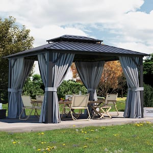 12 ft. W x 10 ft. D Black Aluminum Double Roof Hardtop Gazebo with Ceiling Hook, Curtains and Netting