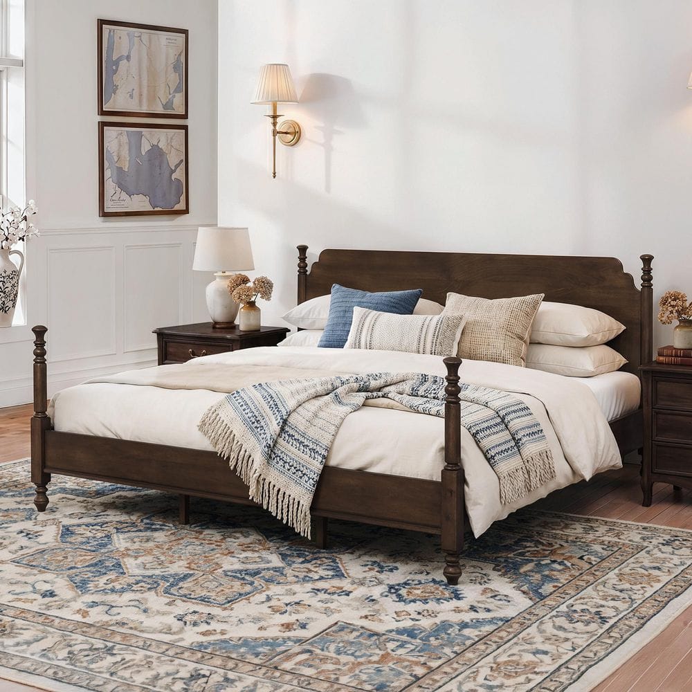 Cleo Dark Walnut Brown Solid Wood Frame King Size Four-Poster Bed with Spindle Design, Wooden Slat Support, Platform Bed price history on PriceWatchPro