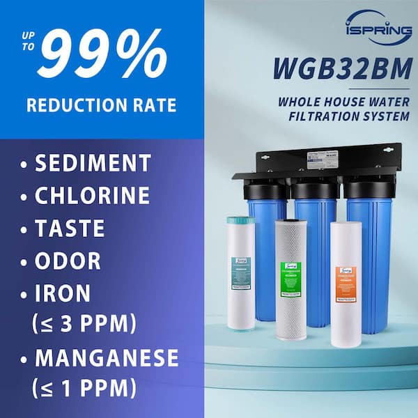 iSpring WGB32BM 3-Stage Whole House Water Filtration System w/ Iron & Manganese Reducing Filter w/ Push-Fit Stainless Steel Hose