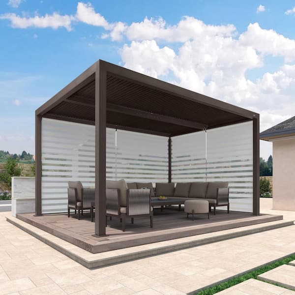 PURPLE LEAF 10 ft. x 14 ft. Bronze Aluminum Frame Louvered Pergola with Adjustable Shade Roof and 1-Long 1-Short Side Roller Shades