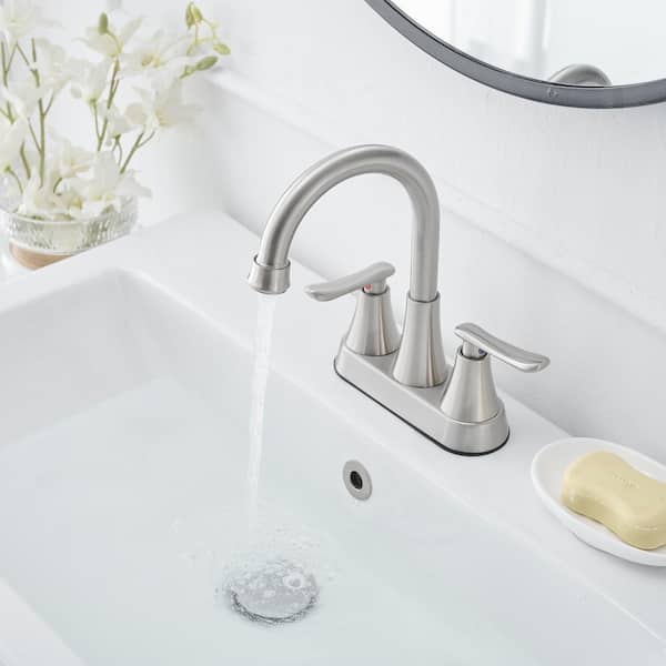 Easy Install 4 in. Centerset Double Handle Spot Resistant Bathroom Faucet with Drain Kit in Brushed Nickel