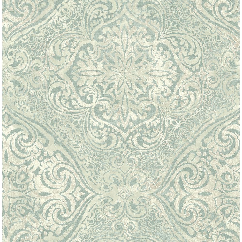 Seabrook Designs Palladium Metallic Seafoam and Ivory Damask Paper ...
