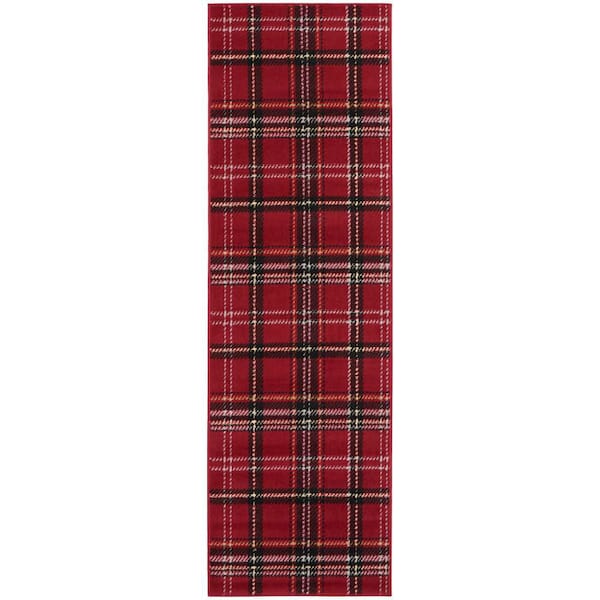Nourison Grafix Red 2 ft. x 6 ft. Plaid Contemporary Runner Area Rug