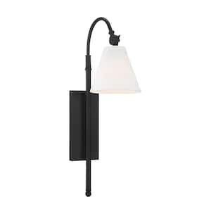 Rutland 6.25 in. 1- Light Matte Black Wall Sconce with Crisp White Fabric Shade