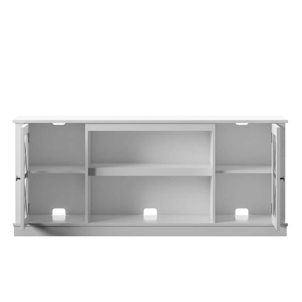 White Modern Farmhouse TV Stand with Glass Doors and Fireplace