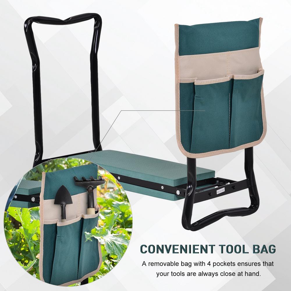 Green and Black Folding Garden Kneeler Seat with Tool Pouch