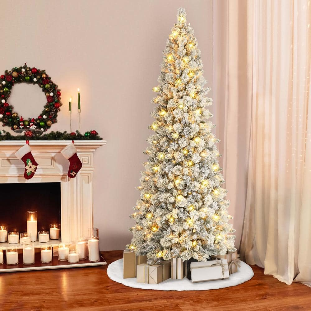 9 ft Pre-lit Flocked White Spruce Christmas Tree with LED Lights