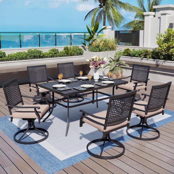 PHI VILLA 7-Piece Metal Patio Outdoor Dining Set with Beige Cushions