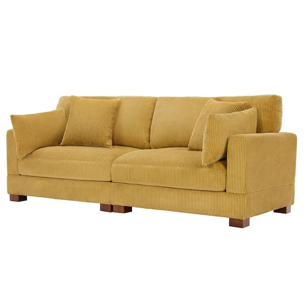 Uixe 84.7 in. Modern Square Arm Corduroy Upholstered Rectangle 2-Seater Sofa in Orange with 2-Square Pillows