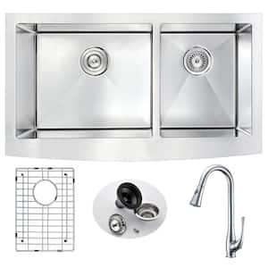 ELYSIAN Farmhouse Stainless Steel 33 in. Double Bowl Kitchen Sink and Faucet Set with Singer Faucet in Brushed Satin