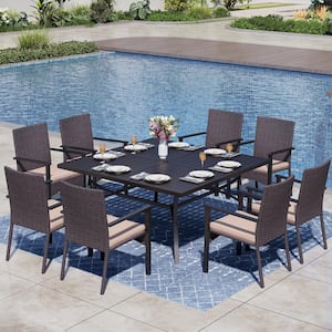 Black 9-Piece Metal Patio Outdoor Dining Set with Slat Square Table and Rattan Chairs with Beige Cushion