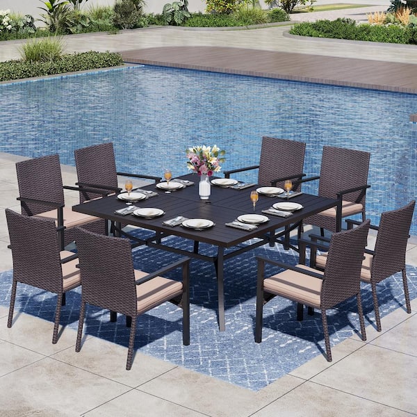 PHI VILLA Black 9-Piece Metal Patio Outdoor Dining Set with Slat Square Table and Rattan Chairs with Beige Cushion
