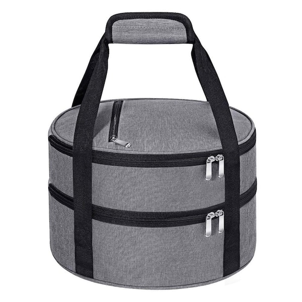 Grey Double Layer Insulated Round Casserole Carrier Bag for Hot or Cold Food, Pie Carrier for Picnic, 1 Piece
