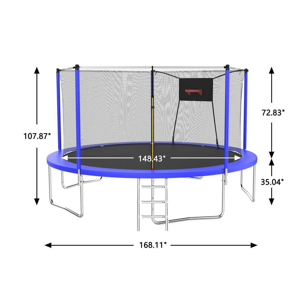 14 ft Blue Round Outdoor Trampoline with Enclosure Net and Ladder