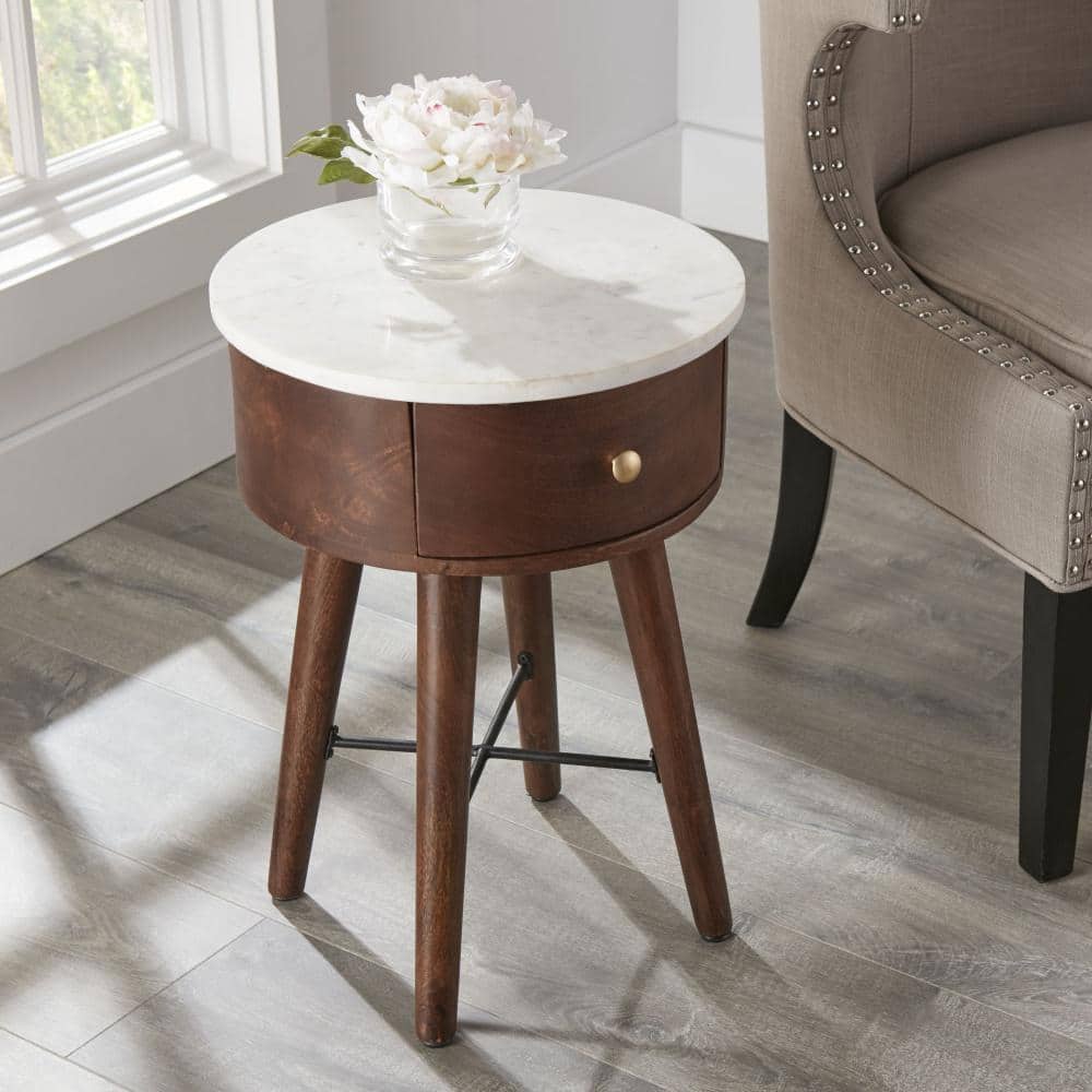 Bangalore 16" Brown Wood and White Marble Round End Table with Storage