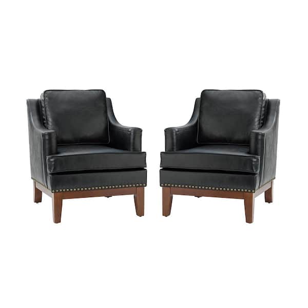 JAYDEN CREATION Heinrich Black Vegan Leather Armchair with Solid Wood Legs (Set of 2)