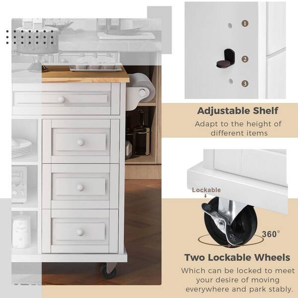 White Rubber Wood Desktop 52.8 in. W Kitchen Island on 5