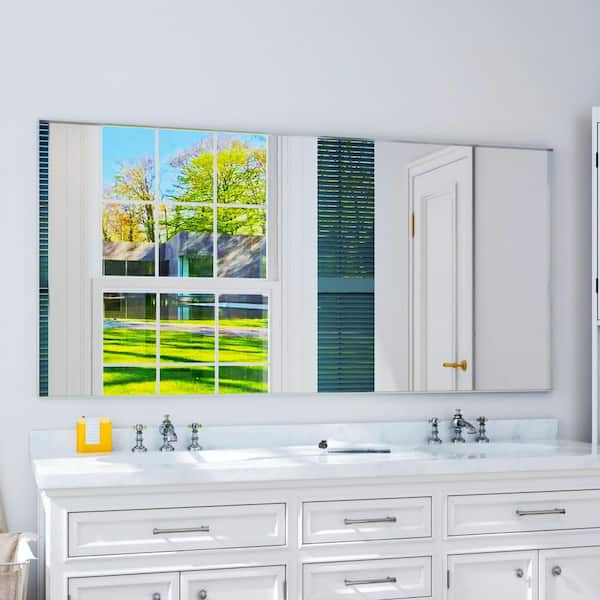 60 in. W x 28 in. H Rectangular Aluminum Framed Wall Bathroom Vanity Mirror in Silver