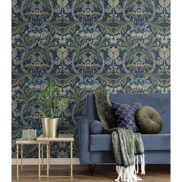 56 Sq. Ft. Denim and Sage Acanthus Floral Pre-Pasted Paper Wallpaper Roll